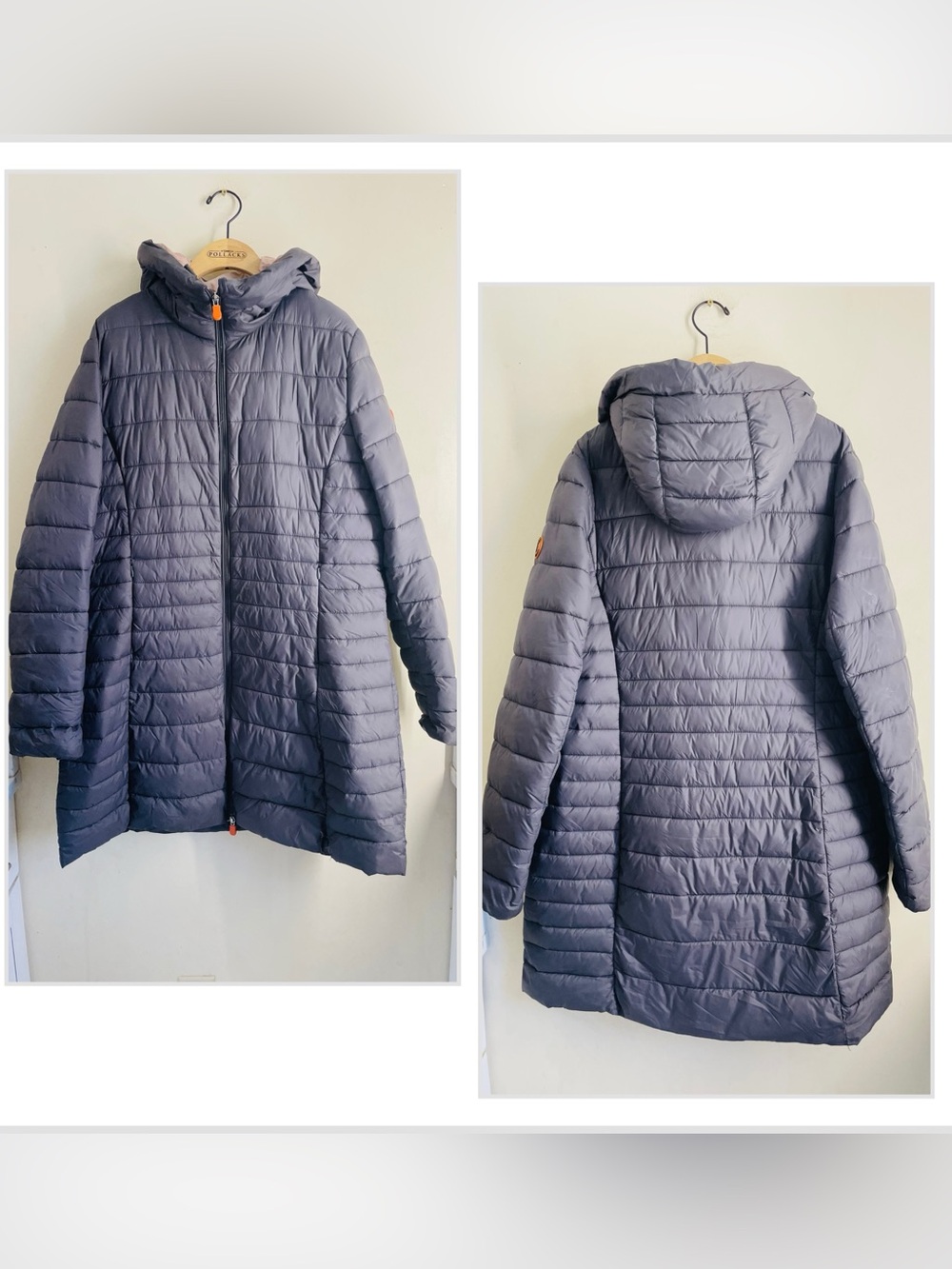Save The Duck Women’s Size 5 (XXL) Long Hooded Puffer Coat Gray Pink *Flawed*